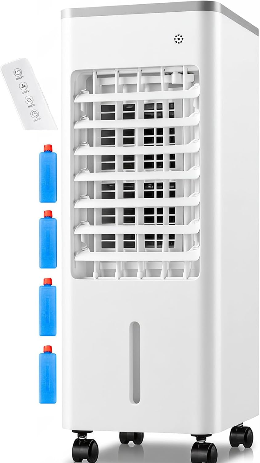 Climatiseur Évaporatif 4 En 1 Avec Réservoir 12L Et Télécommande,3 Vitesses, Oscillation 90°-120°, Minuterie 7,5 H, 4 Blocs De Glace Inclus, Roulettes Mobiles (White 12L)