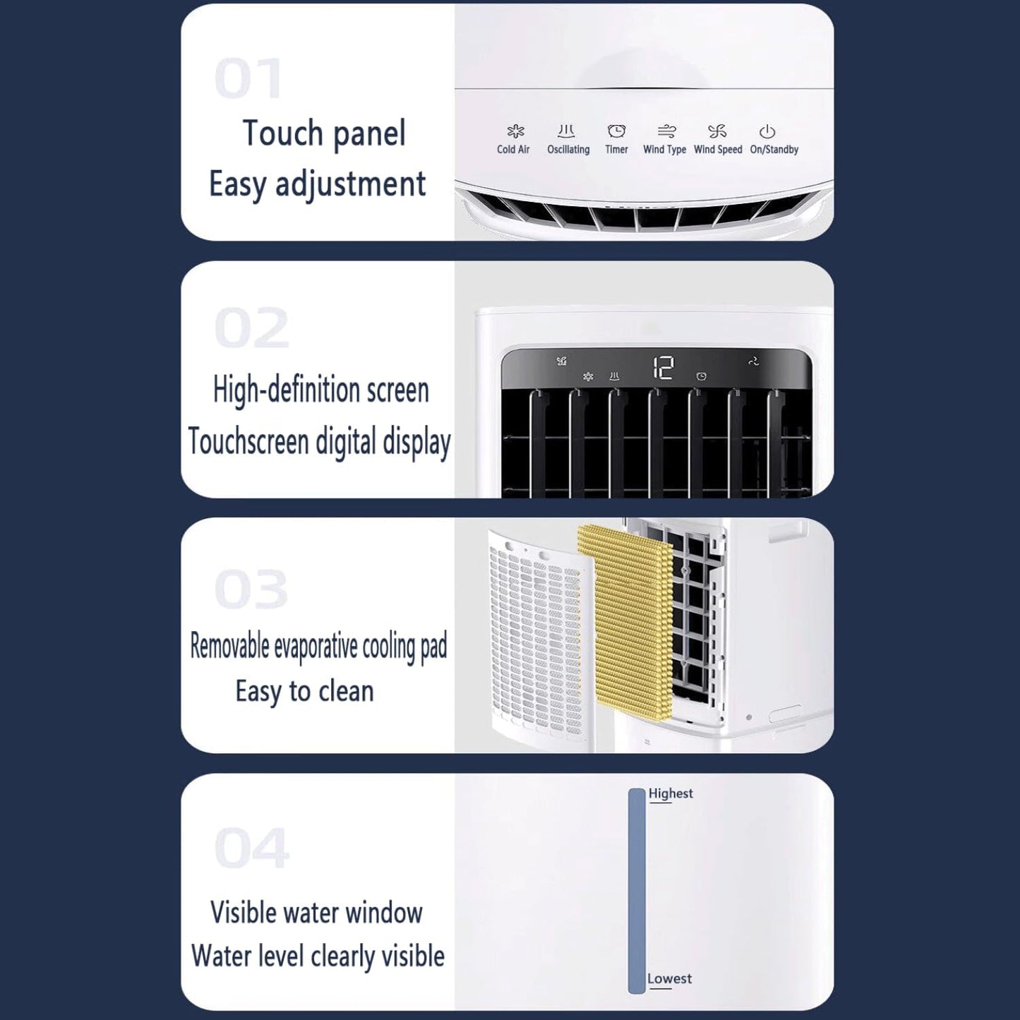 Refroidisseur à Évaporation Climatiseur Mobile Portable Avec Réservoir 12L 3 Vitesses Oscillation120º Roulettes Multidirectionnelles Ventilateur Refroidisseur D'air Pour Appartement & Atelier