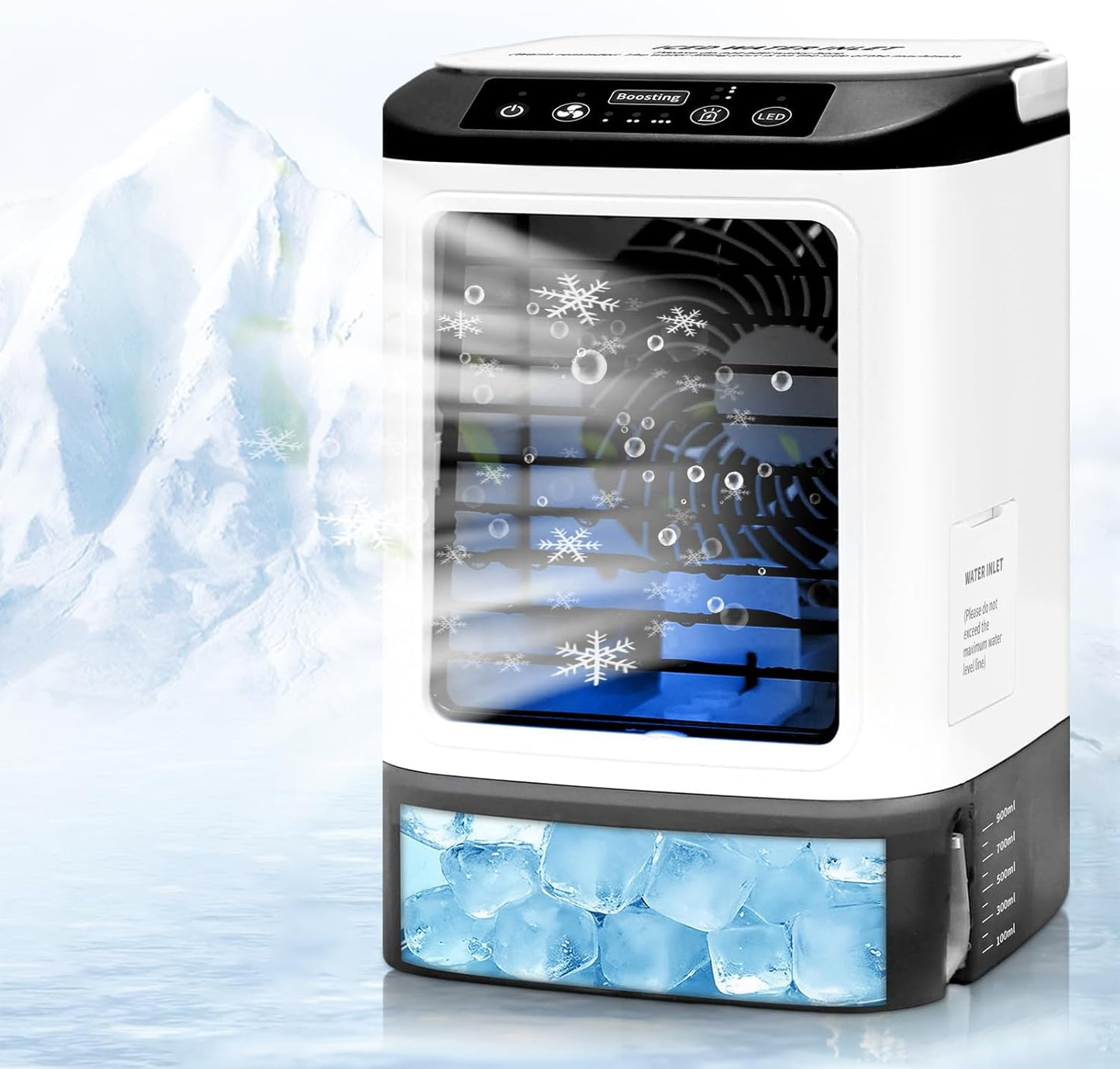 Climatiseur Mobile Silencieux,4 Vitesses Climatiseur Portable, Climatiseur Mobile Sans évacuation,réservoir 900 Ml,bac à Glace, Moule à Glaçons, 7 LED, Idéal Maison, Bureau Et Voyage.