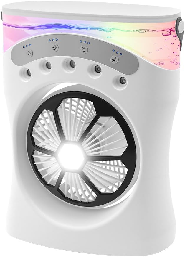  Mini Climatiseur Portable Avec Fonction 3 En 1 : Refroidissement, Humidification Et Veilleuse, 3 Niveaux De Vent, Réservoir D'eau De 550 Ml, Orientable à 180°, Lumière COB Et Lumière De Couleur, USB-C