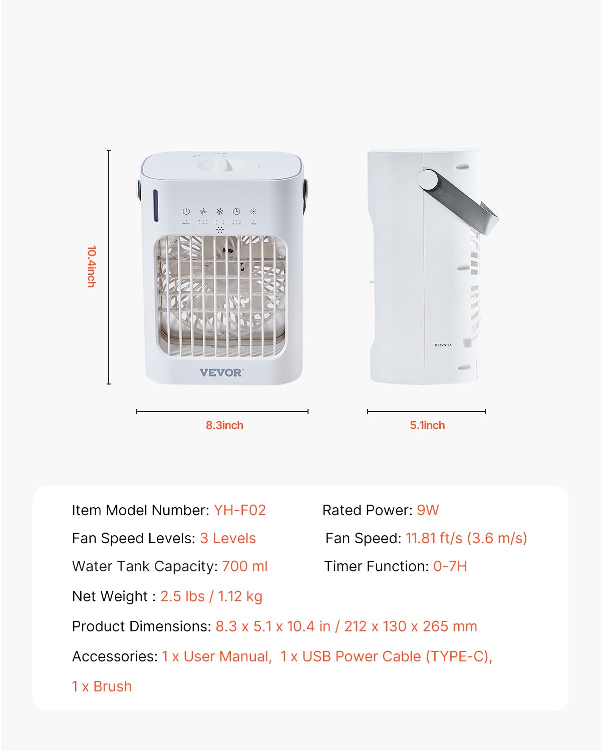  VEVOR Climatiseur Portable, 4 En 1, Refroidisseur Air Par Évaporation, Réservoir D'Eau 700 ML, Mini Ventilateur De Bureau 3 Vitesses Minuterie Intelligente, Lumière 7 Couleurs, Pour Chambre à Coucher