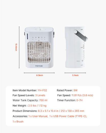  VEVOR Climatiseur Portable, 4 En 1, Refroidisseur Air Par Évaporation, Réservoir D'Eau 700 ML, Mini Ventilateur De Bureau 3 Vitesses Minuterie Intelligente, Lumière 7 Couleurs, Pour Chambre à Coucher
