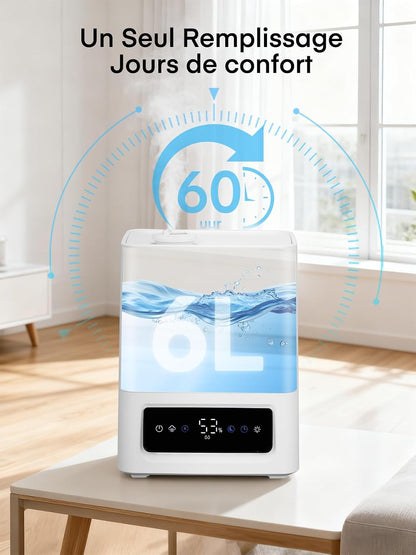  FOHERE Humidificateur D'air Chambre 6L, 60H Fonctionnement, 28dB Ultra-Silencieux, Humidifier Pour Grandes Pièces, Chambre, Bébé, Capteur D'Humidité, Minuterie 16H, Veilleuse, Diffuseur D'Huiles