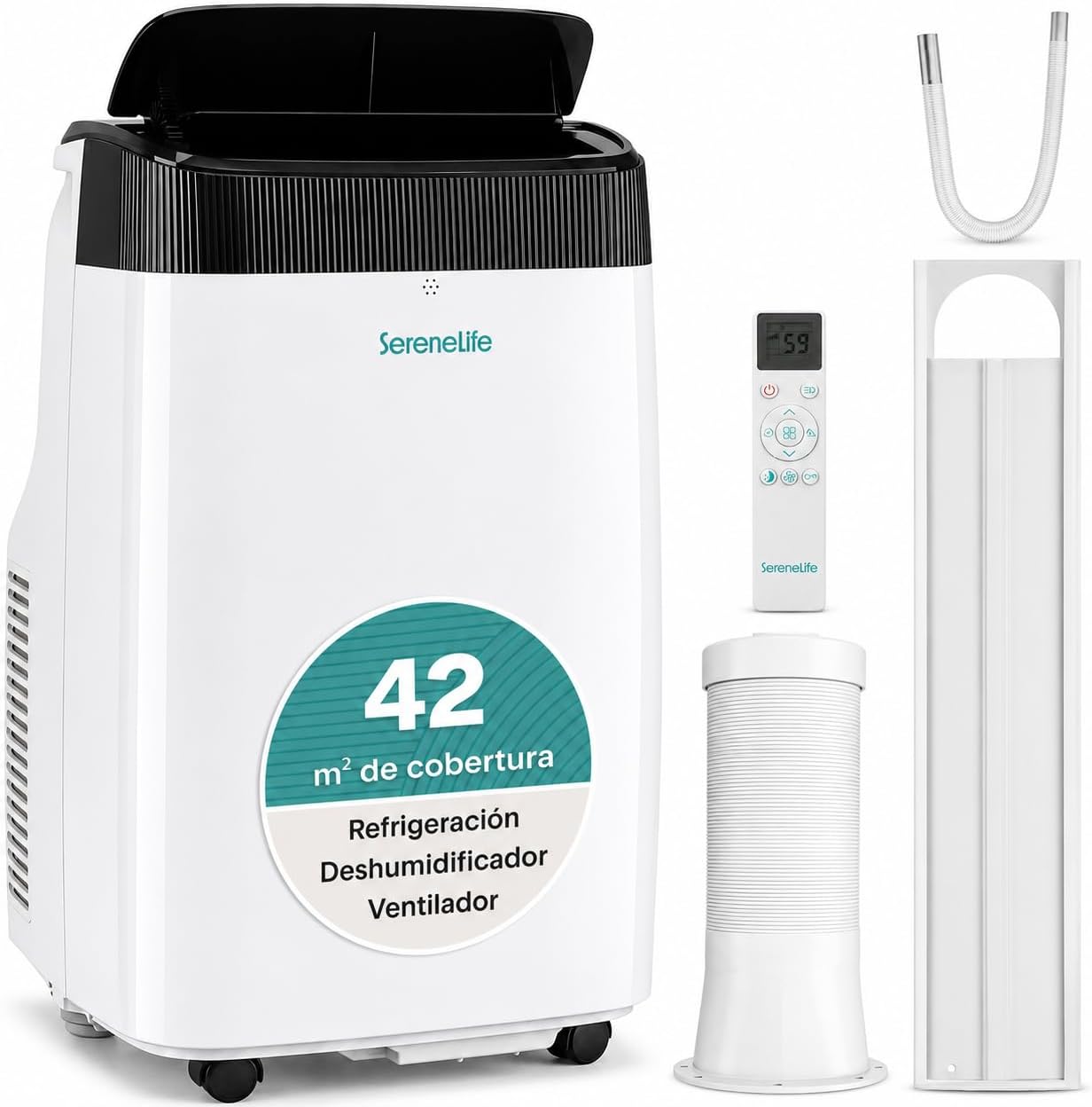  SereneLife Climatiseur Mobile 9000 BTU Avec Chauffage – Climatiseur Réversible Portable 4 En 1, Jusqu’à 41 M², Déshumidificateur, Ventilateur, Télécommande, Kit Fenêtre, Blanc