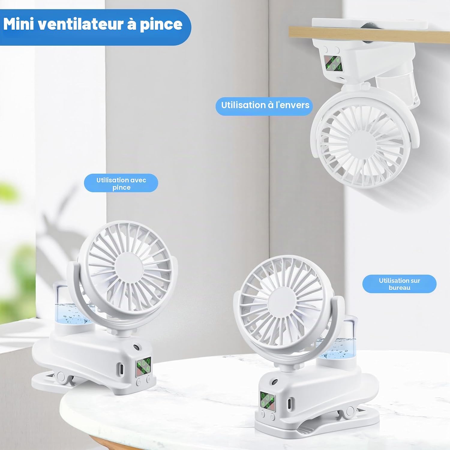  JIZZU Ventilateur à Pince, Mini Ventilateur Rechargeable Par USB Avec Spray Humidificateur, à 4 Vitesses Avec Clip, Affichage LED, Small Table Fan Pour Bureau, Maison, Camping - Blanc