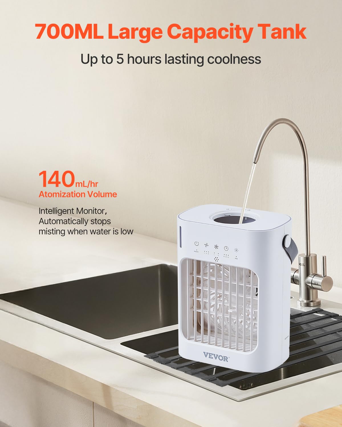  VEVOR Climatiseur Portable, 4 En 1, Refroidisseur Air Par Évaporation, Réservoir D'Eau 700 ML, Mini Ventilateur De Bureau 3 Vitesses Minuterie Intelligente, Lumière 7 Couleurs, Pour Chambre à Coucher