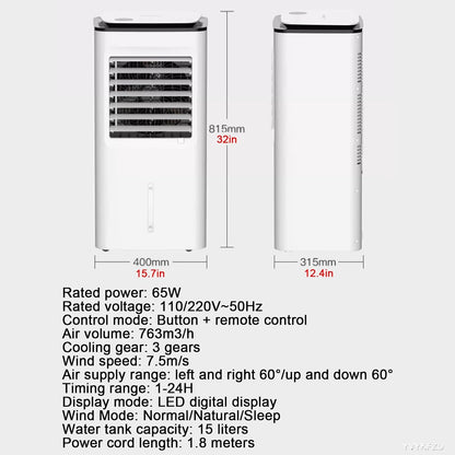  YVYKFZD Climatiseur Portable 3 En 1, Refroidisseur D'air Par Évaporation 15L Avec Télécommande, Ventilateur Climatiseur À Réglage De Vitesse À 3 Positions, Minuterie 24 Heures, Pour Bureau À Domicile