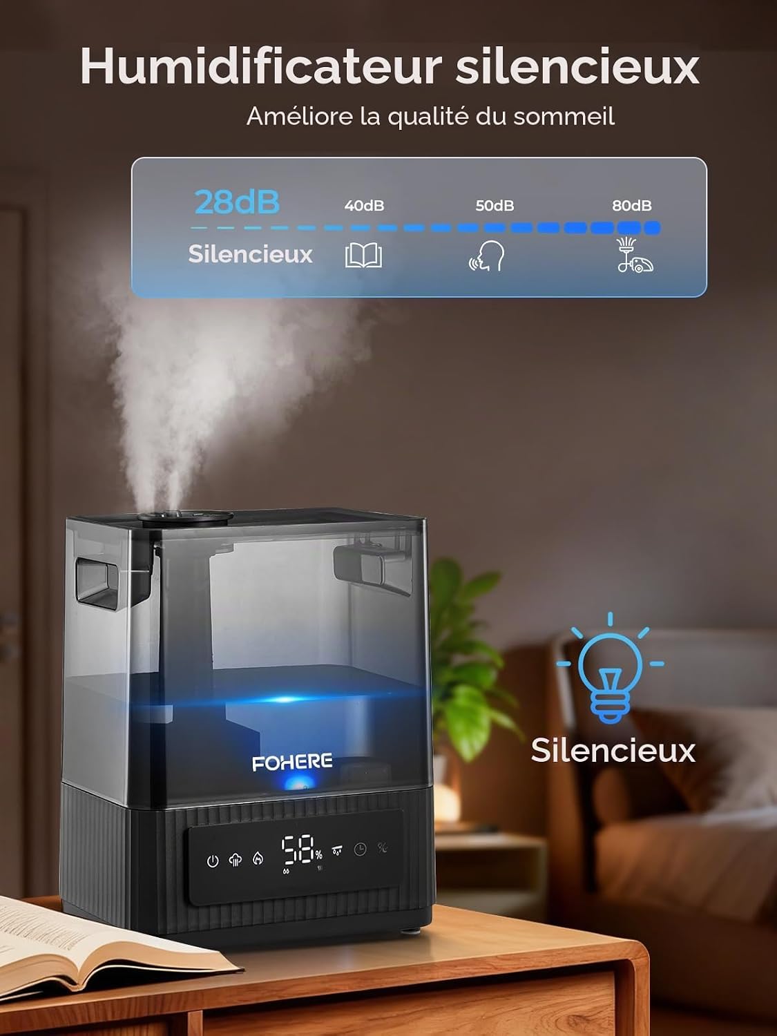  6L Humidificateur D'air Chambre à Brume Froide Silencieux, Autonomie 60H Et Minuterie 12H, Humidificateur Avec Capteur D'humidité Précis, Remplissage Par Le Haut Pour Grandes Pièces Et Salon, Noir