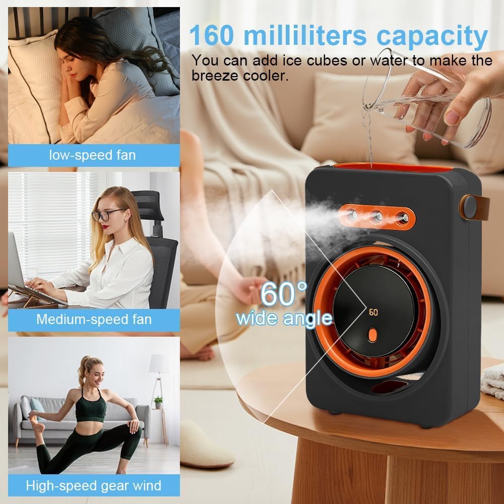 Genérico Ventilateur Portable, Mini Climatiseur, Refroidisseur D'air évaporatif, Ventilateur USB Avec Eau, Climatiseur Portable, Ventilateur Rechargeable Pour Table, Voiture, Camping (Noir)