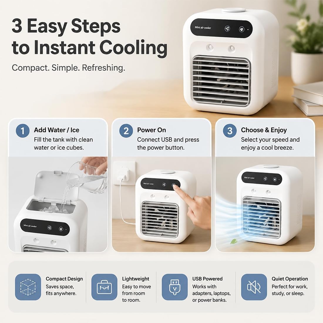  Climatiseur Portable Zensairex, Mini Climatiseur Portable Pour Chambre, 2 Vitesses, Réservoir D'eau De 500 Ml, Rafraîchisseur D'air Par Évaporation Pour Petites Pièces Maison, Bureau (Blanc*2)