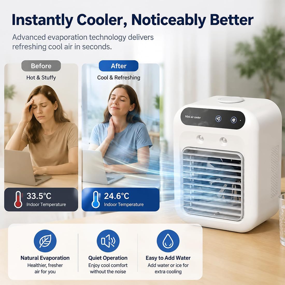  Climatiseur Portable Zensairex, Mini Climatiseur Portable Pour Chambre, 2 Vitesses, Réservoir D'eau De 500 Ml, Rafraîchisseur D'air Par Évaporation Pour Petites Pièces Maison, Bureau (Blanc*2)