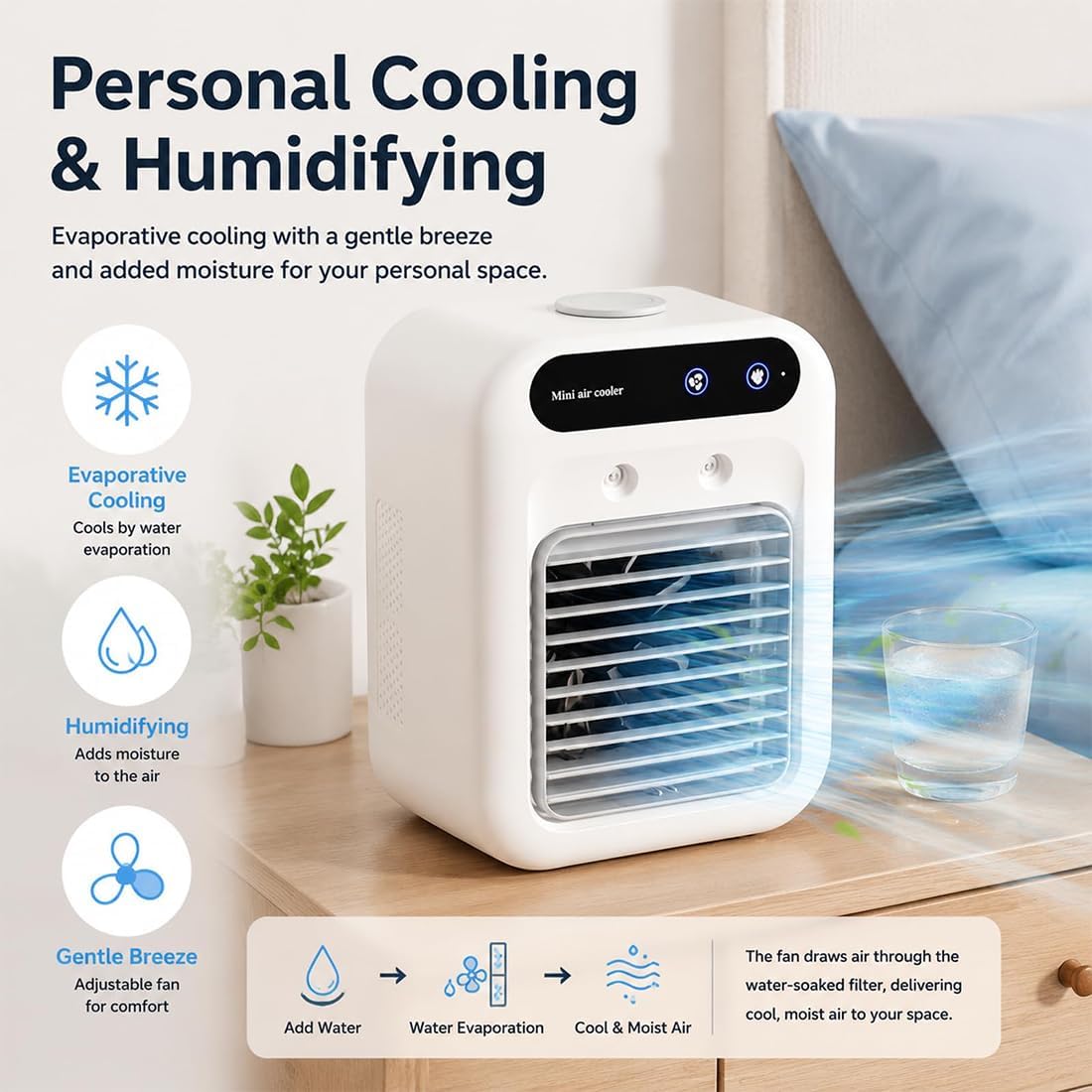  Climatiseur Portable Zensairex, Mini Climatiseur Portable Pour Chambre, 2 Vitesses, Réservoir D'eau De 500 Ml, Rafraîchisseur D'air Par Évaporation Pour Petites Pièces Maison, Bureau (Blanc*2)