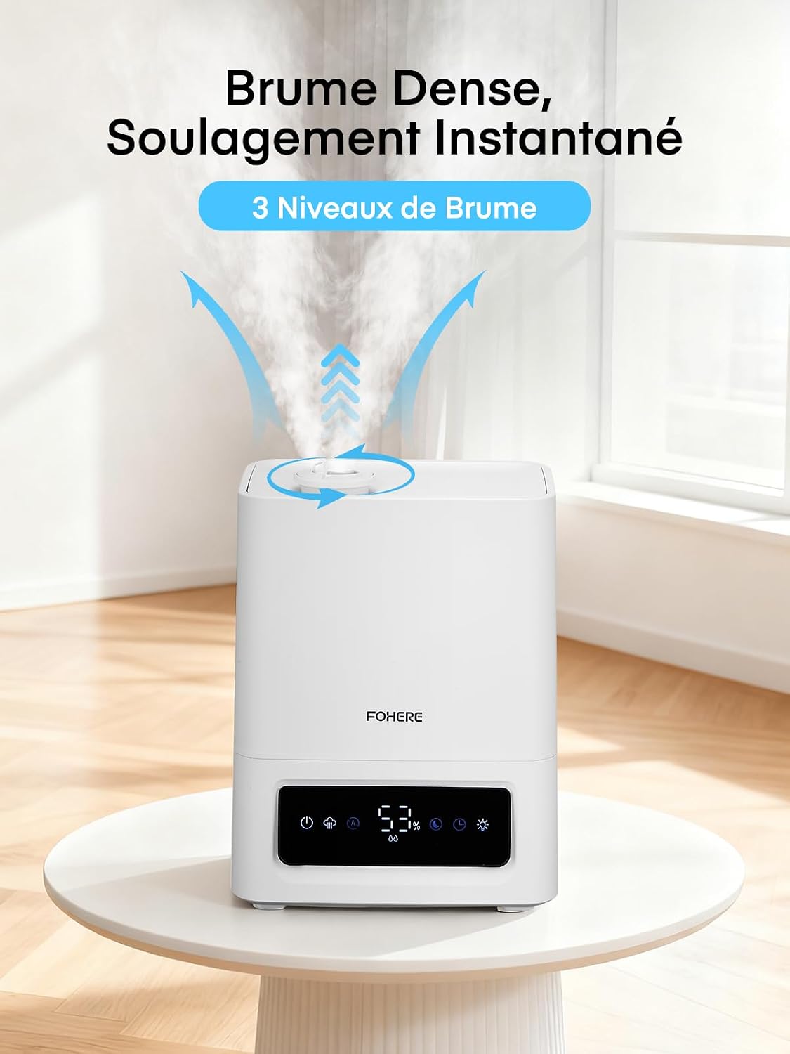  FOHERE Humidificateur D'air Chambre 6L, 60H Fonctionnement, 28dB Ultra-Silencieux, Humidifier Pour Grandes Pièces, Chambre, Bébé, Capteur D'Humidité, Minuterie 16H, Veilleuse, Diffuseur D'Huiles