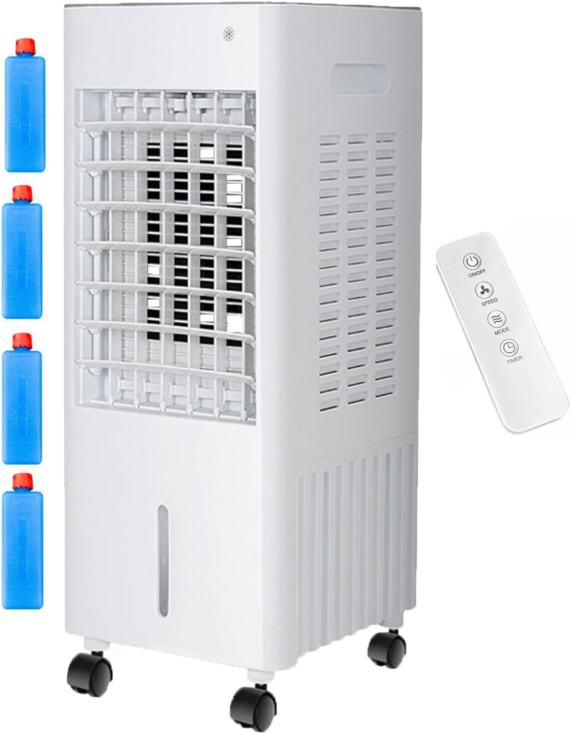  Climatiseur Évaporatif 4 En 1 Avec Réservoir 12L Et Télécommande，3 Vitesses, Oscillation 90°-120°, Minuterie 7,5 H, 4 Blocs De Glace Inclus, Roulettes Mobiles (White 12L)