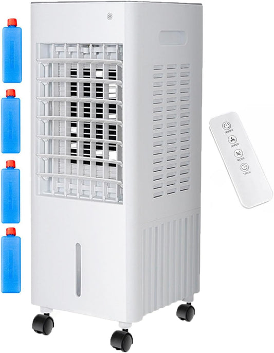  Climatiseur Évaporatif 4 En 1 Avec Réservoir 12L Et Télécommande，3 Vitesses, Oscillation 90°-120°, Minuterie 7,5 H, 4 Blocs De Glace Inclus, Roulettes Mobiles (White 12L)
