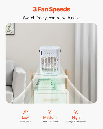  VEVOR Climatiseur Portable, 4 En 1, Refroidisseur Air Par Évaporation, Réservoir D'Eau 700 ML, Mini Ventilateur De Bureau 3 Vitesses Minuterie Intelligente, Lumière 7 Couleurs, Pour Chambre à Coucher