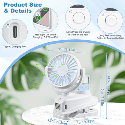  JIZZU Ventilateur à Pince, Mini Ventilateur Rechargeable Par USB Avec Spray Humidificateur, à 4 Vitesses Avec Clip, Affichage LED, Small Table Fan Pour Bureau, Maison, Camping - Blanc