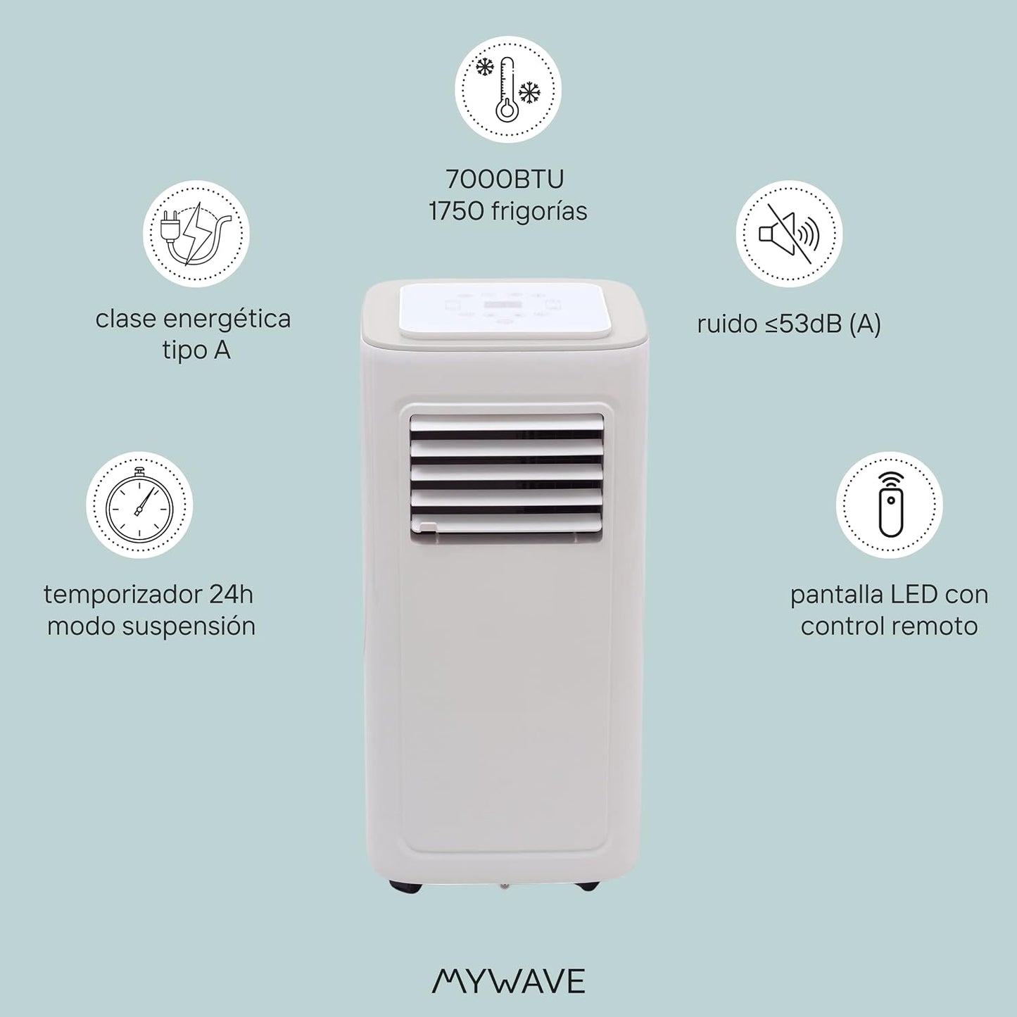  My Wave - Climatiseur Portable 7K - 1750 Frigories Et 20 M2 De Portée - Climatiseur Portable Avec 2 Vitesses Et Mode Nuit - Minuterie 24 H Et Niveau De Bruit Bas - Affichage LED Sur Le Dessus