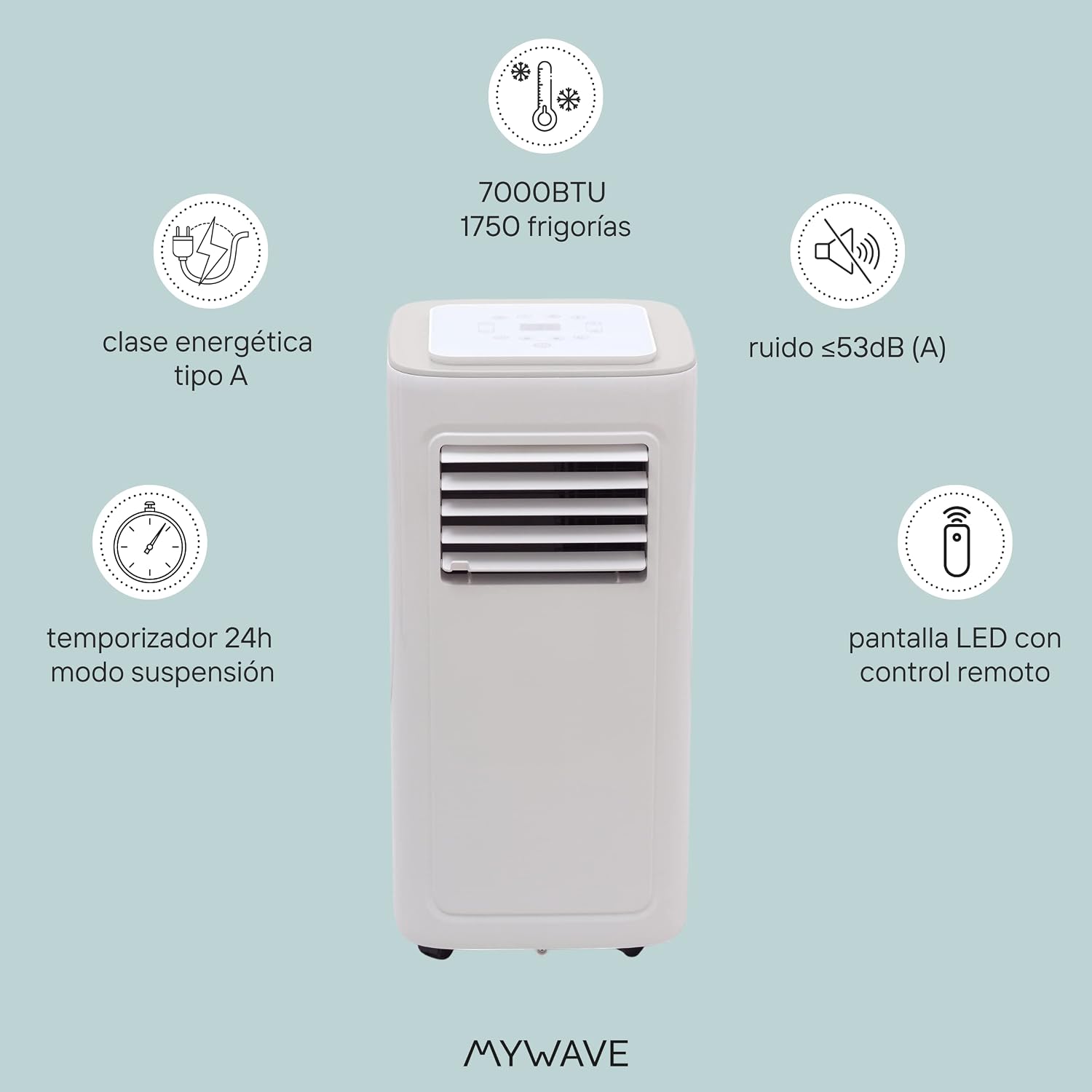  My Wave - Climatiseur Portable 7K - 1750 Frigories Et 20 M2 De Portée - Climatiseur Portable Avec 2 Vitesses Et Mode Nuit - Minuterie 24 H Et Niveau De Bruit Bas - Affichage LED Sur Le Dessus