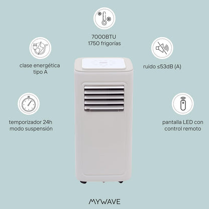  My Wave - Climatiseur Portable 7K - 1750 Frigories Et 20 M2 De Portée - Climatiseur Portable Avec 2 Vitesses Et Mode Nuit - Minuterie 24 H Et Niveau De Bruit Bas - Affichage LED Sur Le Dessus