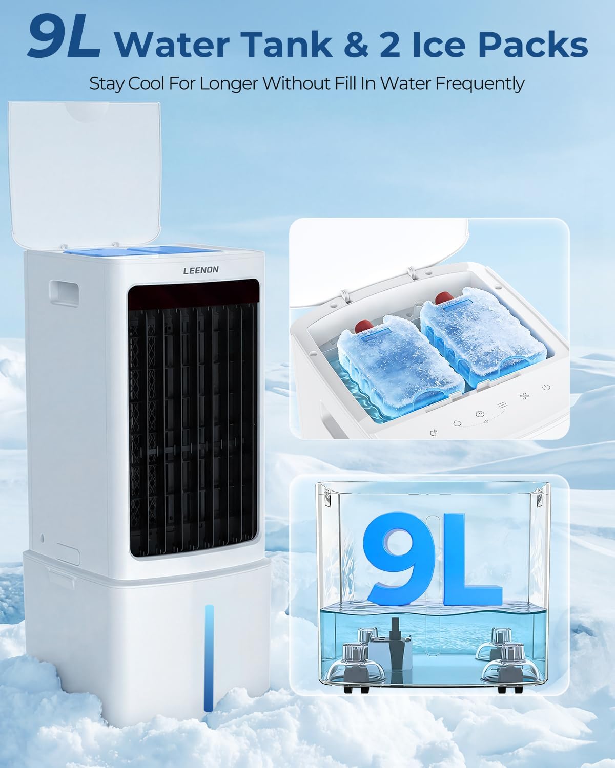  LEENON 9L Climatiseur Mobile Avec Télécommande, Rafraichisseur D'air Silencieux Avec Oscillant Et 3 Vitesses, 3 Modes, Minuterie 12H Climatisation Portable Pour La Maison Et Le Bureau - Blanc