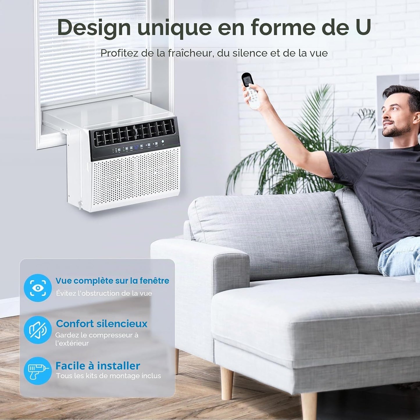  Electactic Climatiseur De Fenêtre En Forme De U, Unité De Climatisation De Fenêtre De 12 000 BTU Refroidit Jusqu'à 550 M², 6 Modes, Unité Climatisée Avec Vue Complète De La Fenêtre, économie D'énergie