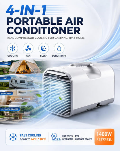  Unité De Climatisation Portable 4777 BTU, 4-en-1 Ventilateur De Refroidissement Déshumidificateur, DC Car RV Power, Mode De Sommeil Silencieux Auto-évaporateur Pour La Tente De Camping Van Home Intéri