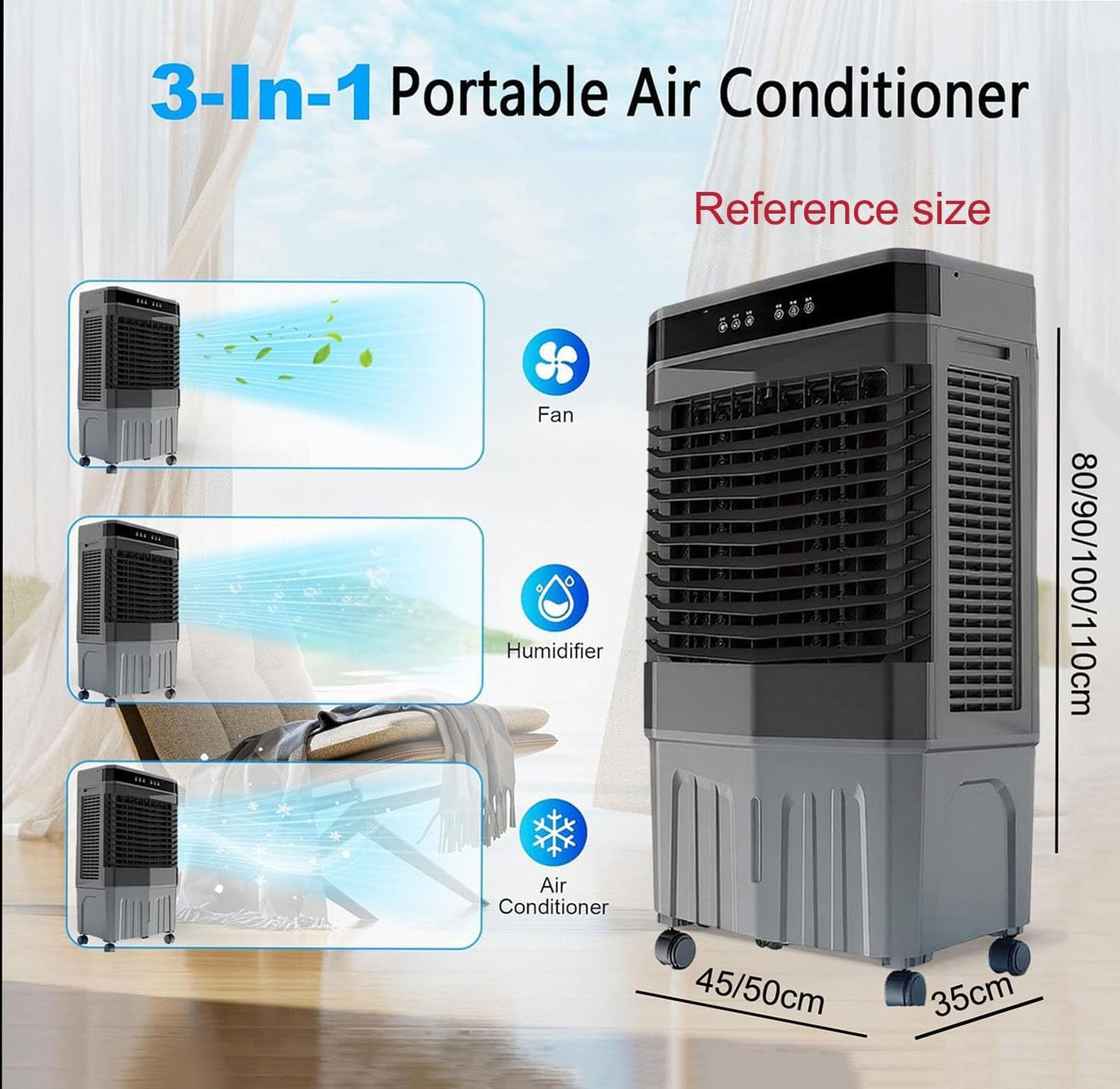 GENERIC Refroidisseur D'évaporation Portable, Ventilateur De Climatiseur à 3 Vitesses Avec Télécommande, Oscillant à 120 °, Minuterie 12H Et Humidification Pour Le Refroidissement à Climat Sec Du Bureau à Dom