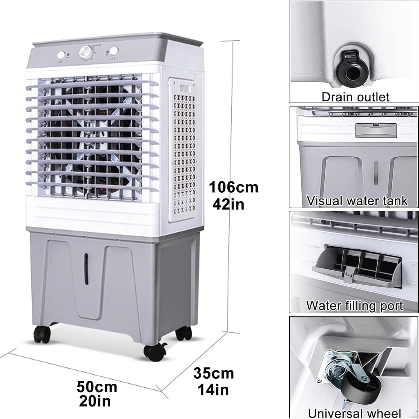 GENERIC 60L Refroidisseur D'air évaporatif W 3 Vitesses, Ventilateur De Refroidissement Portable Pour Le Bureau à Domicile, Faible Consommation D'énergie, Mouvement Facile Avec Les Roues, Confort Rafraîchissa