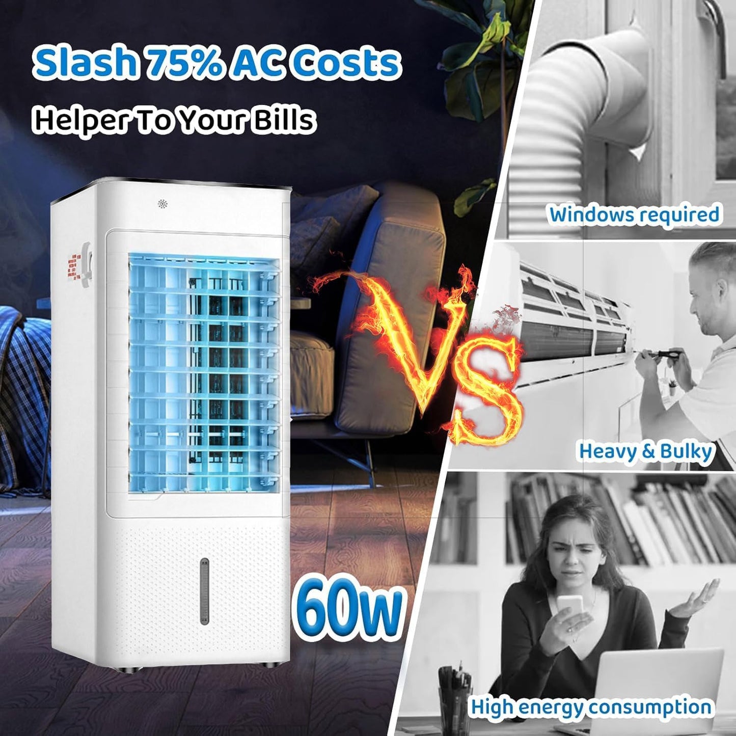 GENERIC Refroidisseur D'air Portable Avec Télécommande, 3 Vitesses Et 12H Minuterie, Ventilateur D'évaporation Silencieux Pour La Maison, Bureau, Chambre à Coucher.Basse Énergie 60W, Roues De Déplacement Faci
