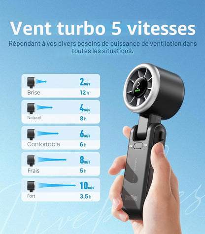  Diveblues Ventilateur Portable à Main, Ultra Rapide 10m/s, 5 Vitesses, Batterie Rechargeable, Jusqu'à 12h, Ventilateur De Poche Avec Technologie Turbo Pour Extérieur, Voyage, Noir