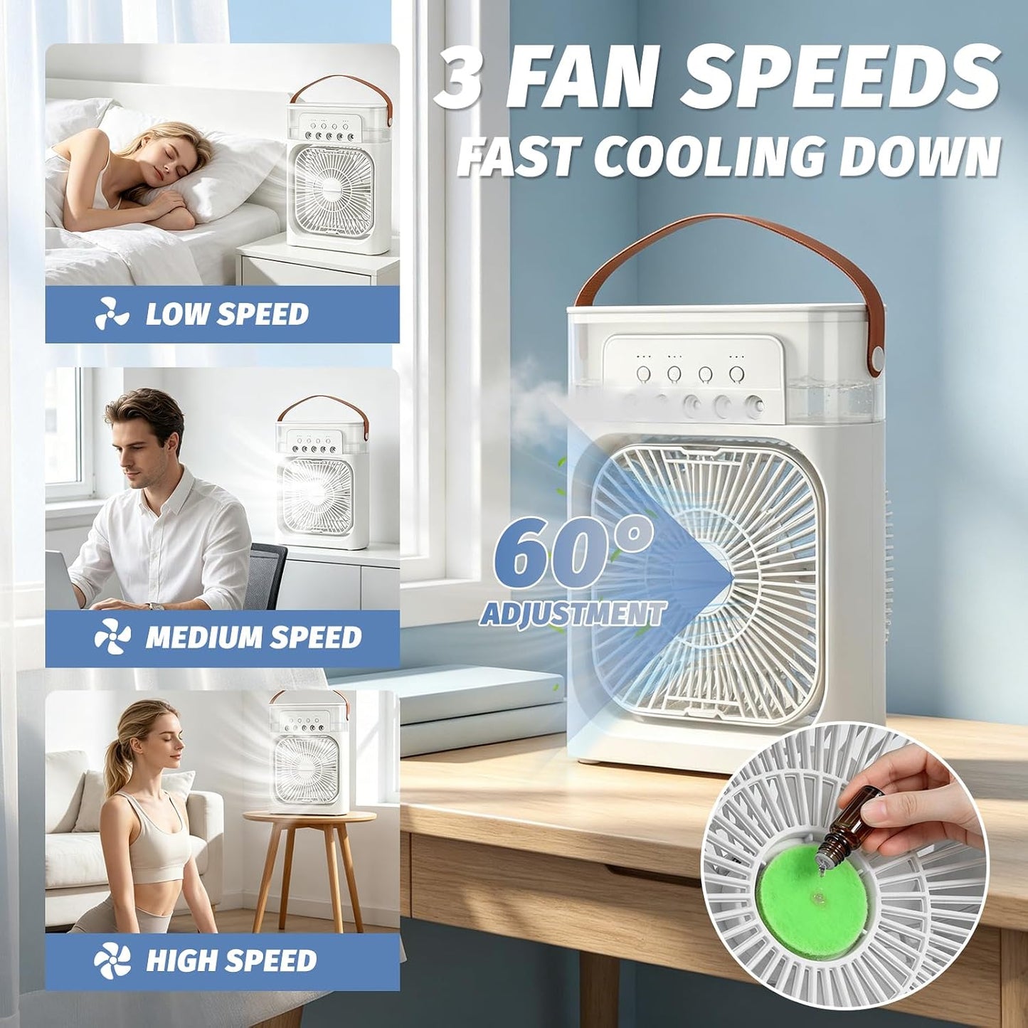  Foreverup Climatiseur Mobile Portable, Mini Refroidisseur D'air Avec Diffuseur D'eau, Mini Air Climatiseur Ventilateur Avec 3 Velocità, Timer, 7 Lumières LED Pour La Maison,la Chambre(Blanc)