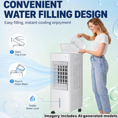  Climatiseur Évaporatif 4 En 1 Avec Réservoir 12L Et Télécommande，3 Vitesses, Oscillation 90°-120°, Minuterie 7,5 H, 4 Blocs De Glace Inclus, Roulettes Mobiles (White 12L)