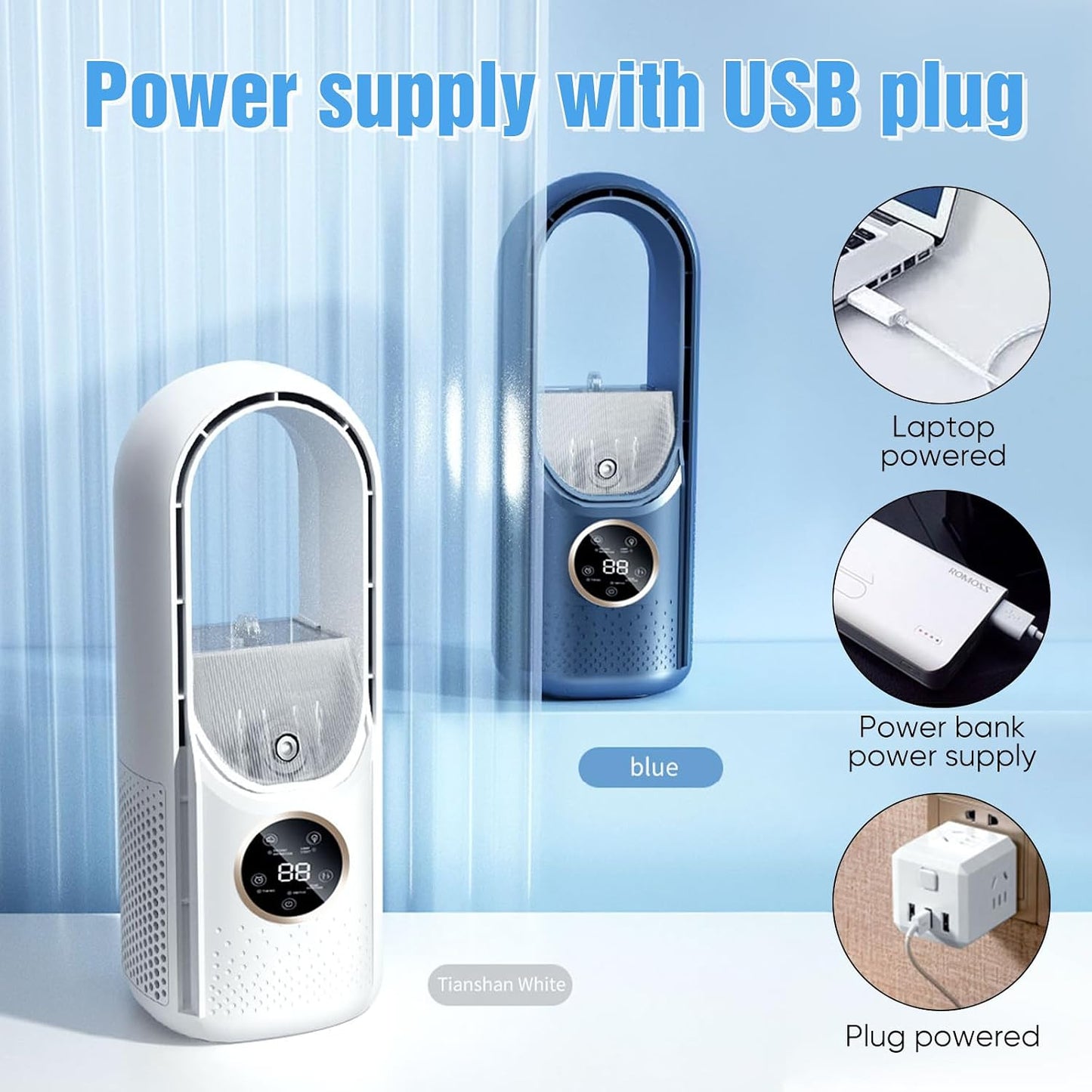  Kouamor Ventilateur Sur Pied USB 30 Cm Sans Pales, 6 Vitesses, Refroidisseur D'air Portable Pour Bureau, Chambre à Coucher