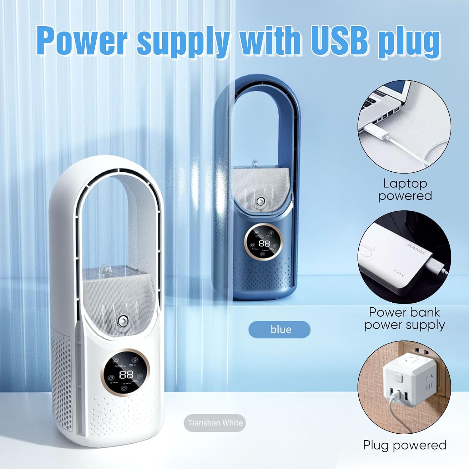  Kouamor Ventilateur Sur Pied USB 30 Cm Sans Pales, 6 Vitesses, Refroidisseur D'air Portable Pour Bureau, Chambre à Coucher
