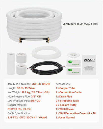  VEVOR Kit Liaison Frigorifique Tuyau En Cuivre Mini-split 9,5 Mm 15,9 Mm Diamètre Extérieur, 15,2 M Longueur, Bobine Isolée PE Blanc Épais 9,5 Mm Avec Écrous, Raccords, Pour Mini Climatiseurs Split
