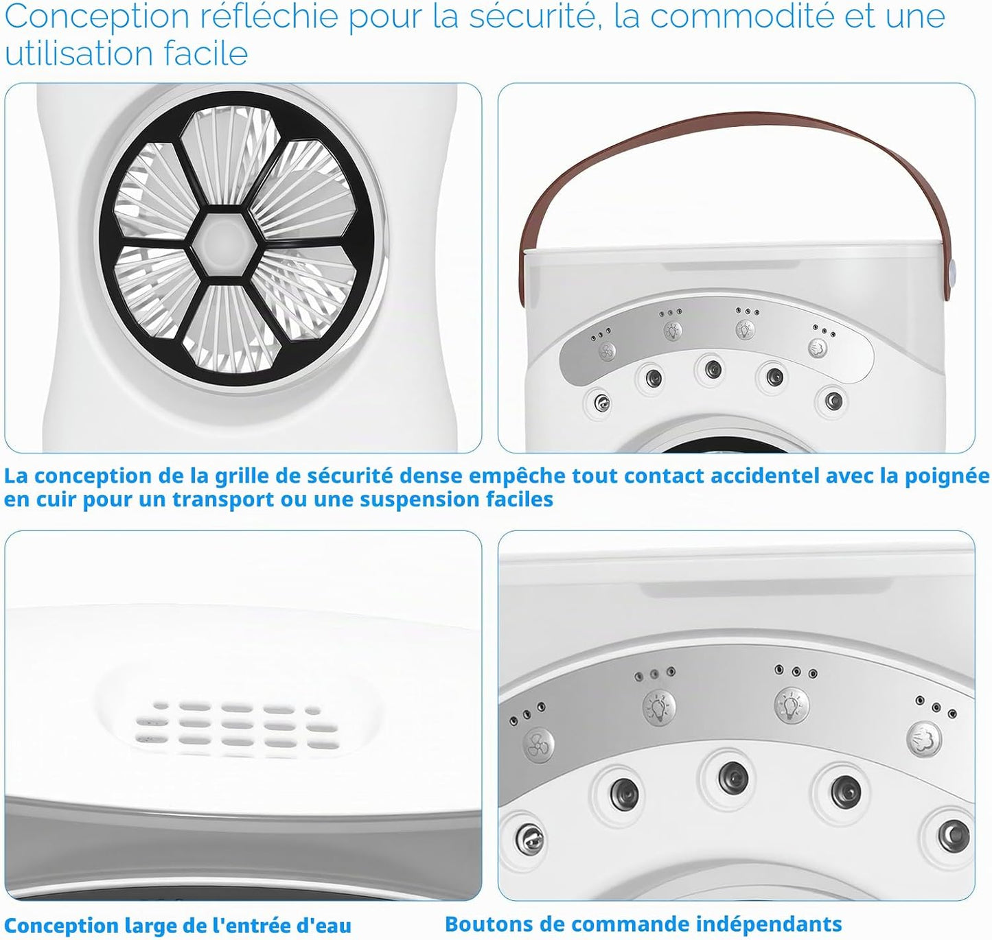  Mini Climatiseur Portable Avec Fonction 3 En 1 : Refroidissement, Humidification Et Veilleuse, 3 Niveaux De Vent, Réservoir D'eau De 550 Ml, Orientable à 180°, Lumière COB Et Lumière De Couleur, USB-C