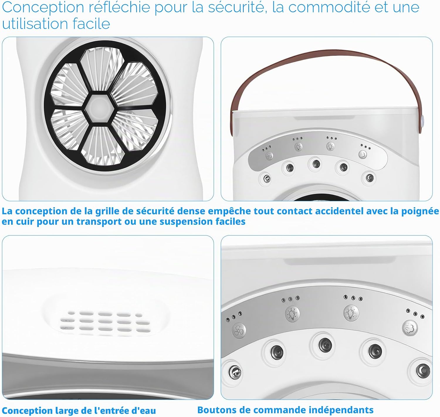  Mini Climatiseur Portable Avec Fonction 3 En 1 : Refroidissement, Humidification Et Veilleuse, 3 Niveaux De Vent, Réservoir D'eau De 550 Ml, Orientable à 180°, Lumière COB Et Lumière De Couleur, USB-C