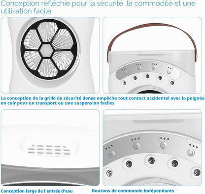  Mini Climatiseur Portable Avec Fonction 3 En 1 : Refroidissement, Humidification Et Veilleuse, 3 Niveaux De Vent, Réservoir D'eau De 550 Ml, Orientable à 180°, Lumière COB Et Lumière De Couleur, USB-C