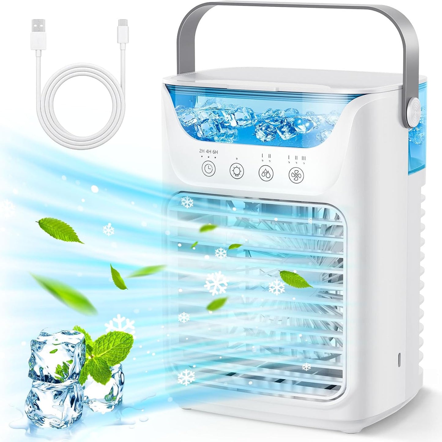  Ventilateur Portable De Climatiseurs, Refroidissement De Bureau 4 En 1 Avec Réservoir D'eau De 700ml,2/4/6H Timer, 3 Brouillard, 7 Nuit Lumière USB Refroidisseur De Charge Pour L'intérieur
