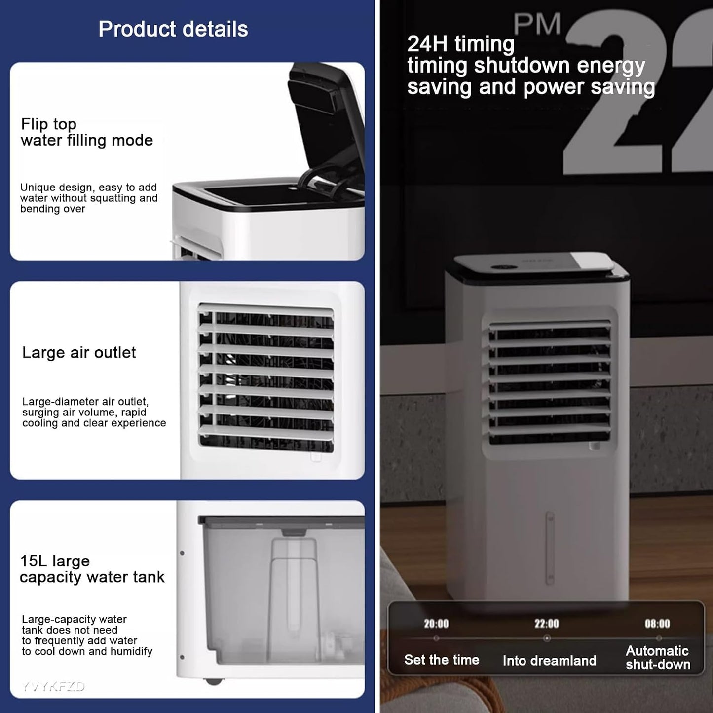  YVYKFZD Climatiseur Portable 3 En 1, Refroidisseur D'air Par Évaporation 15L Avec Télécommande, Ventilateur Climatiseur À Réglage De Vitesse À 3 Positions, Minuterie 24 Heures, Pour Bureau À Domicile