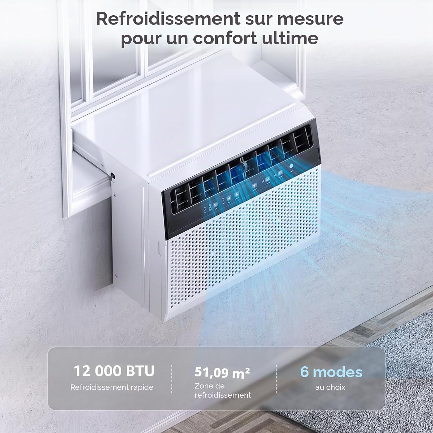  Electactic Climatiseur De Fenêtre En Forme De U, Unité De Climatisation De Fenêtre De 12 000 BTU Refroidit Jusqu'à 550 M², 6 Modes, Unité Climatisée Avec Vue Complète De La Fenêtre, économie D'énergie