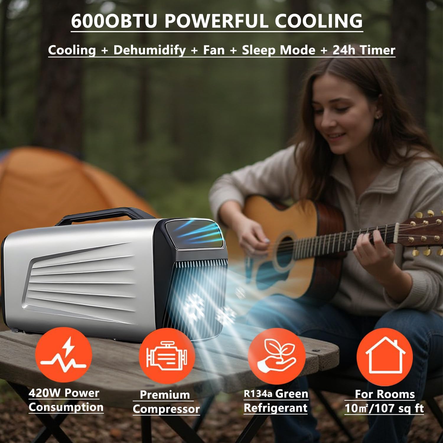  Climatiseur De Camping Portable - 6000 BTU 4-en-1 Unité Avec Télécommande, Refroidissement, Ventilateur, Déshumidification, Modes De Sommeil, Panneau Tactile à 3 Vitesses Pour La Tente Ou L'utilisatio