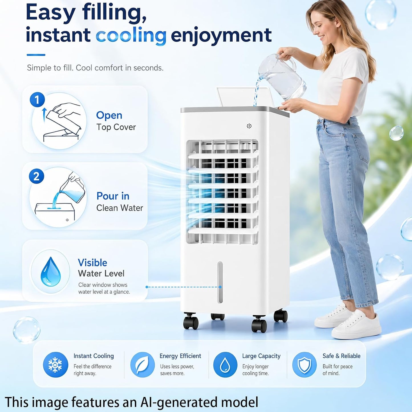  4 En 1 Climatiseur Mobile Silencieux 6L Sans Tuyau D’Évacuation,Rafraîchisseur D’Air Évaporatif,Silencieux Avec Télécommande,4 Blocs Réfrigérants,3 Vitesses,Minuterie 7.5H,pour Chambre,Salon,Bureau