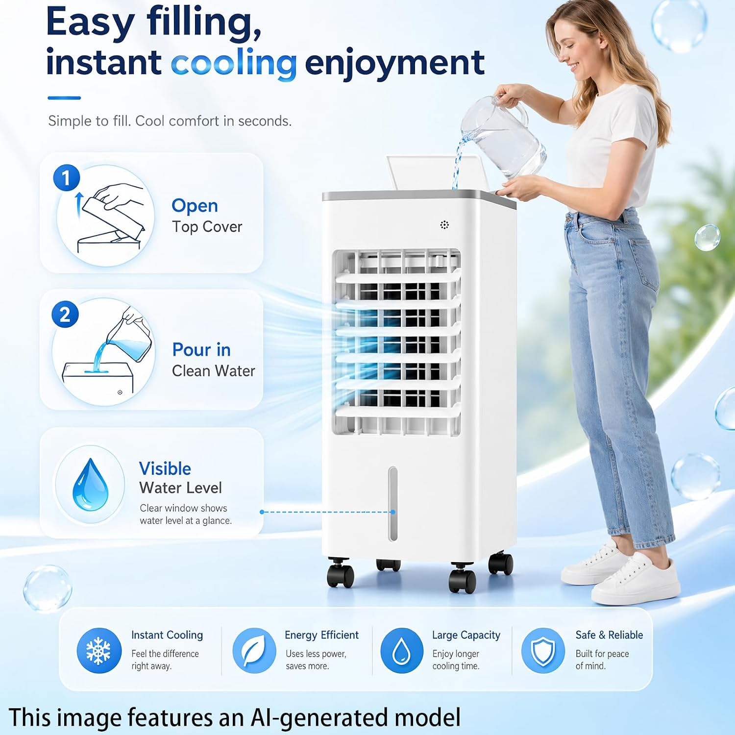  4 En 1 Climatiseur Mobile Silencieux 6L Sans Tuyau D’Évacuation,Rafraîchisseur D’Air Évaporatif,Silencieux Avec Télécommande,4 Blocs Réfrigérants,3 Vitesses,Minuterie 7.5H,pour Chambre,Salon,Bureau