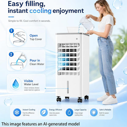  4 En 1 Climatiseur Mobile Silencieux 6L Sans Tuyau D’Évacuation,Rafraîchisseur D’Air Évaporatif,Silencieux Avec Télécommande,4 Blocs Réfrigérants,3 Vitesses,Minuterie 7.5H,pour Chambre,Salon,Bureau