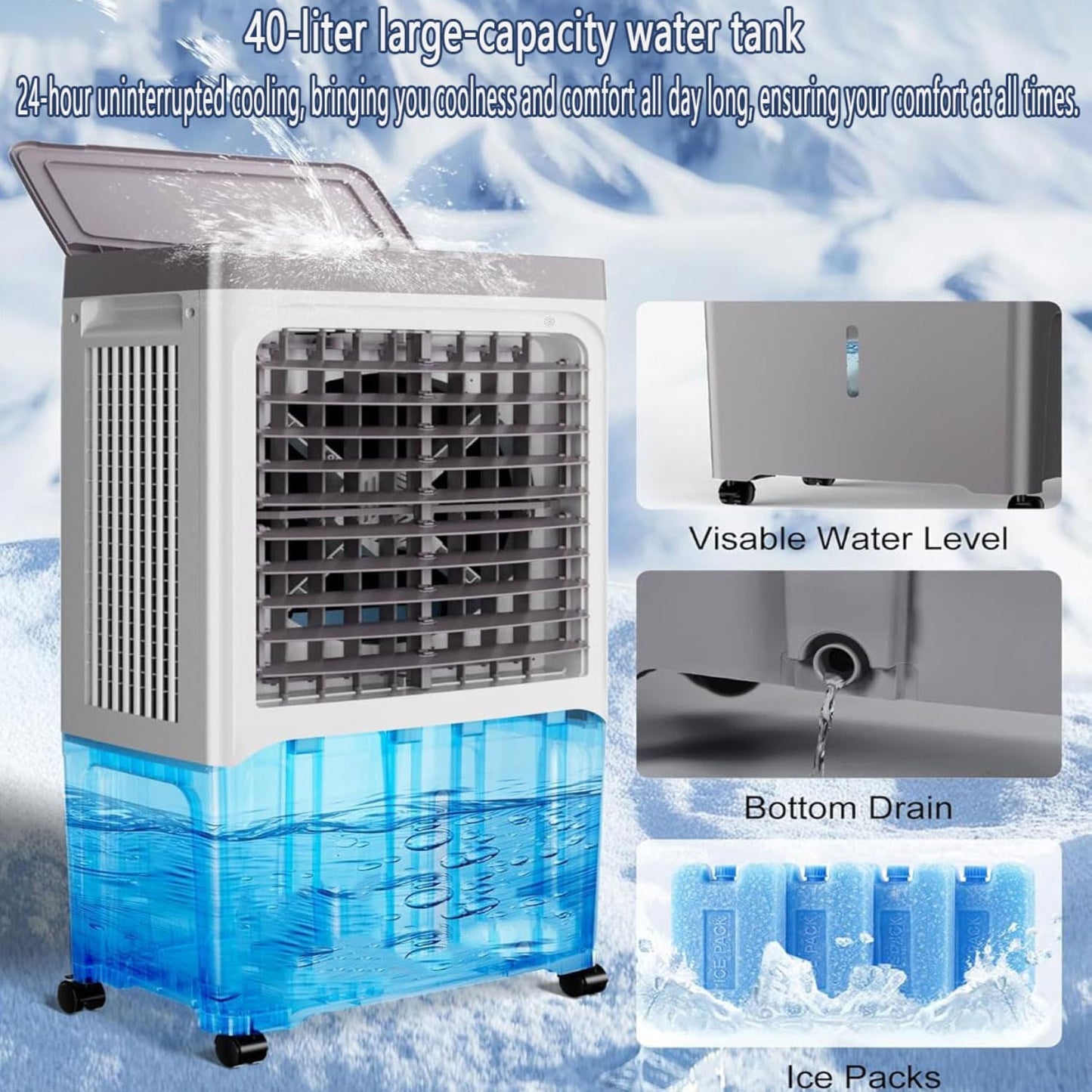 GENERIC Refroidisseur D'air Par évaporation Avec Réservoir D'eau De 40 L, Oscillation à 120°, 3 Modes, 3 Vitesses, Minuterie De 7 Heures, Télécommande, Ventilateur De Refroidissement Extérieur Portable Pour