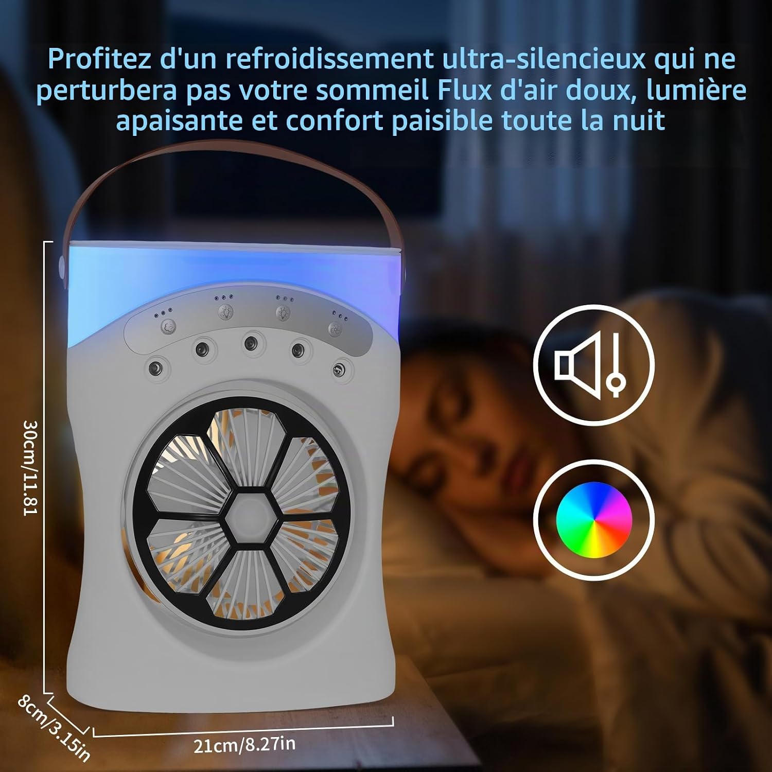  Mini Climatiseur Portable Avec Fonction 3 En 1 : Refroidissement, Humidification Et Veilleuse, 3 Niveaux De Vent, Réservoir D'eau De 550 Ml, Orientable à 180°, Lumière COB Et Lumière De Couleur, USB-C
