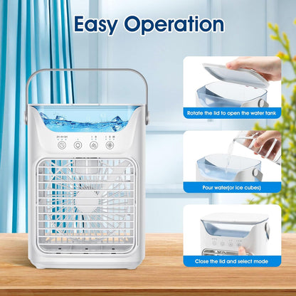  Ventilateur Portable De Climatiseurs, Refroidissement De Bureau 4 En 1 Avec Réservoir D'eau De 700ml,2/4/6H Timer, 3 Brouillard, 7 Nuit Lumière USB Refroidisseur De Charge Pour L'intérieur