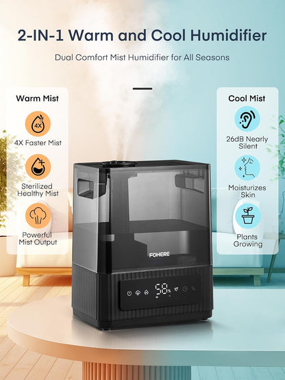  FOHERE 6L Humidificateur à Brume Froide Et Chaude De Pour La Maison, Humidificateur Ultrasonique Avec Remplissage Par Le Haut Pour Les Bébés, Les Enfants, Diffuseur D'huile, Mode Sommeil, Minuterie